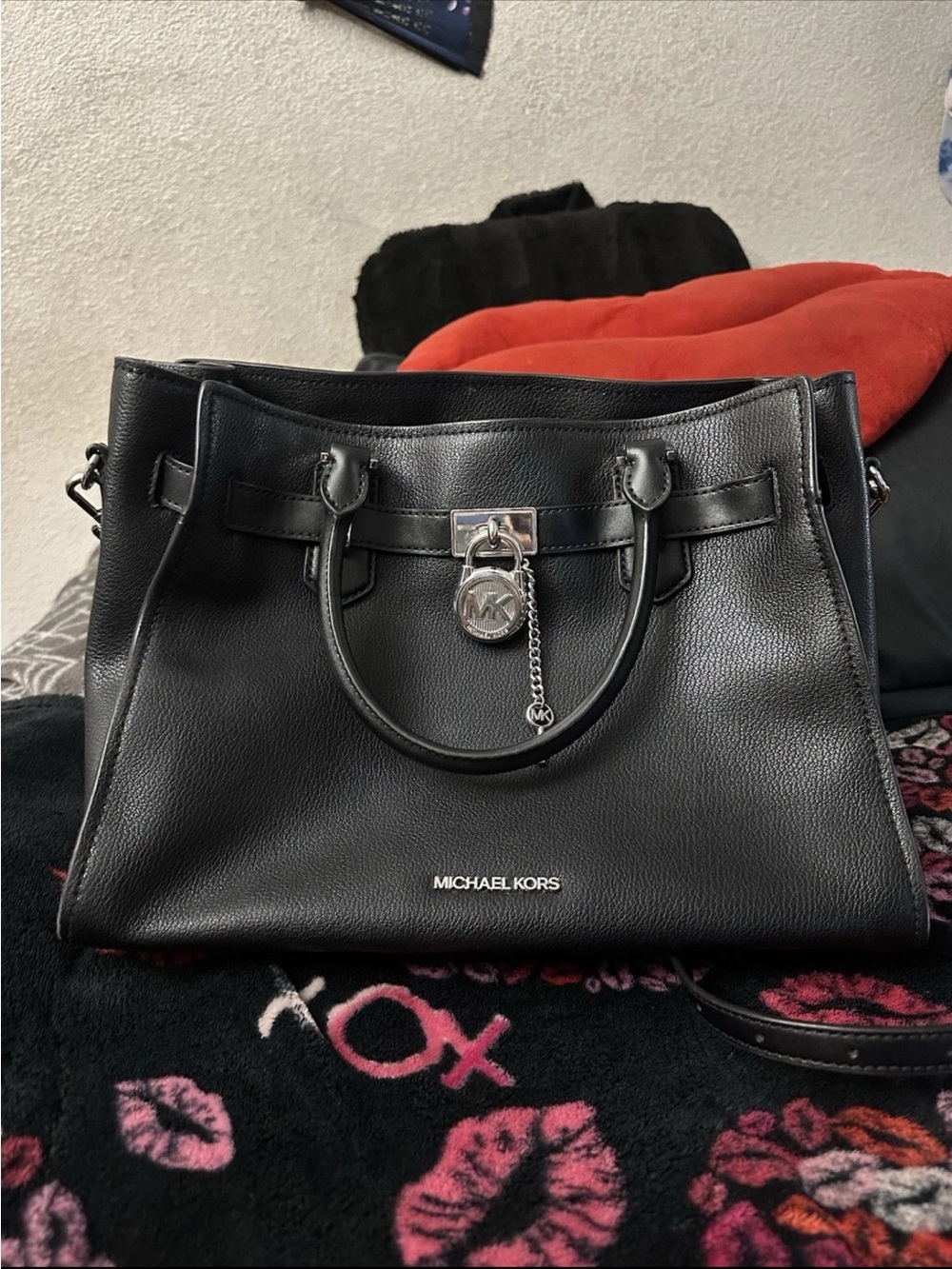 MICHAEL KORS Black Pebbled Leather Satchel with Signature Lock Charm